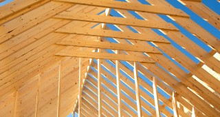 Wooden timber roof and blue sky