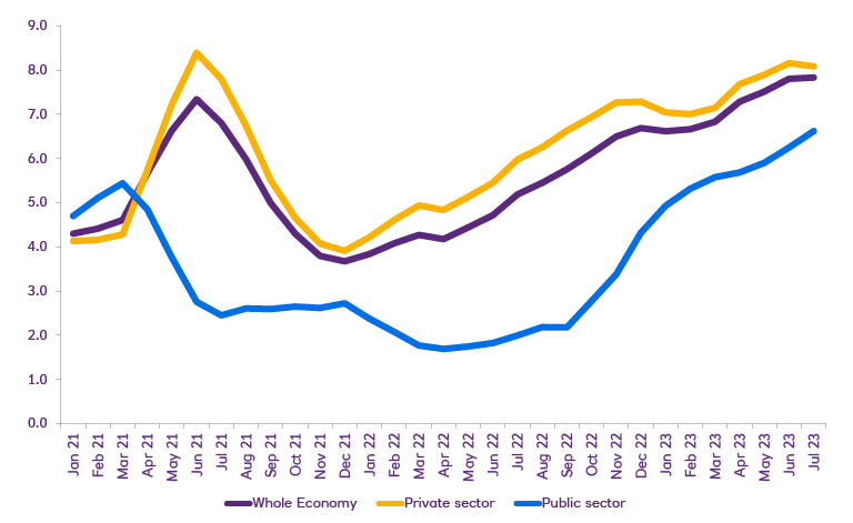 Chart showing PMI data between Jul 23 - Aug 23